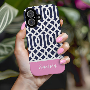 Monogram Navy en Pink Trellis Case-Mate iPhone 14 Hoesje
