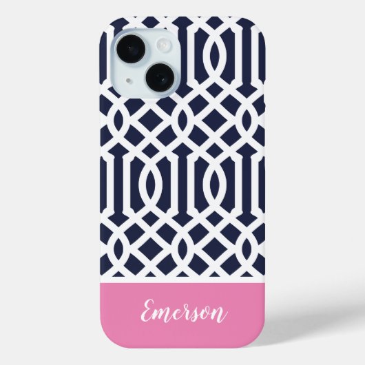 Monogram Navy en Pink Trellis Case-Mate iPhone Case (Achterkant)