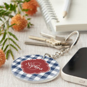 Monogram Navy Gingham Red Quatrefoil Sleutelhanger (Voorkant Rechts)