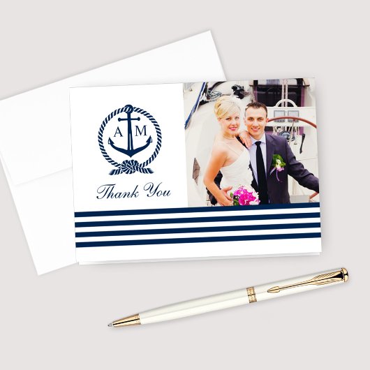 Monogram Navy Nautical Wedding Bedankkaart