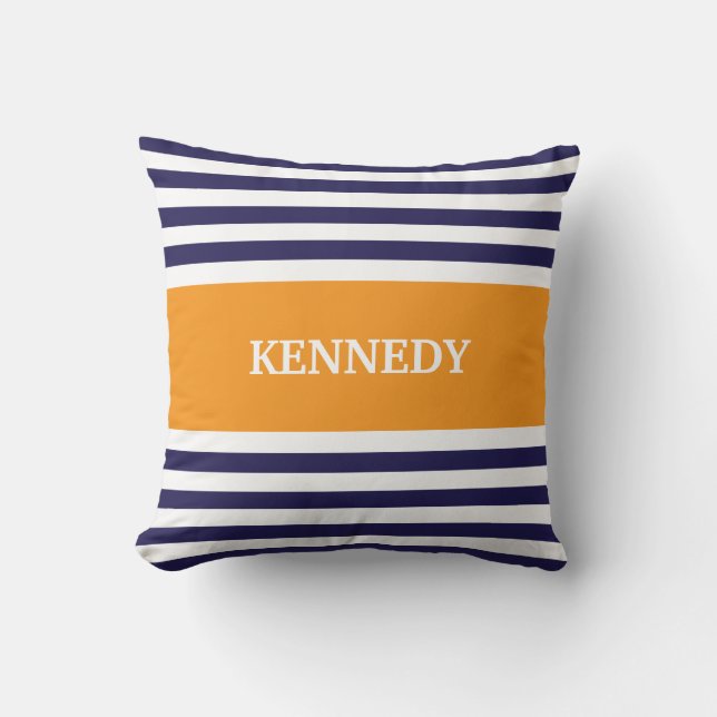 Monogram Navy Oranje Stripes Kussen (Voorkant)