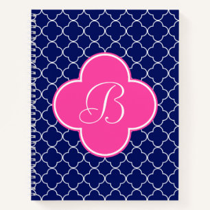 Monogram Navy Pink en White Quatrefoil Notitieboek