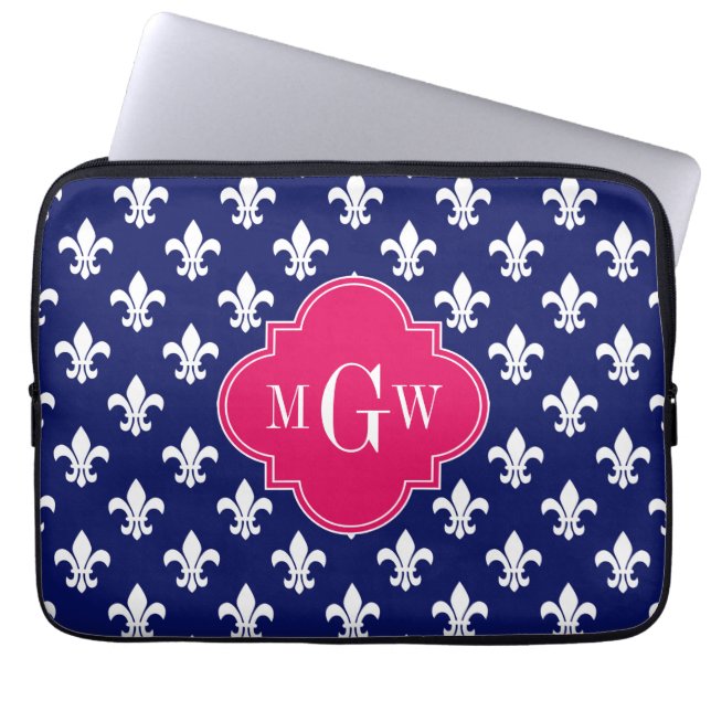 Monogram Navy Wht Fleur de Lis Raspberry 3 Initiaa Laptop Sleeve (Voorkant)