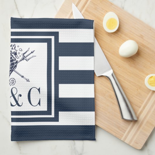 Monogram Navyblauw Gestreepte Zeepaardje Nautilus Theedoek (Quarter Fold)