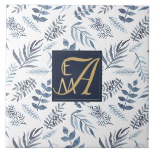 Monogram Navyblauw Goud Botanische Bladeren Varens Tegeltje