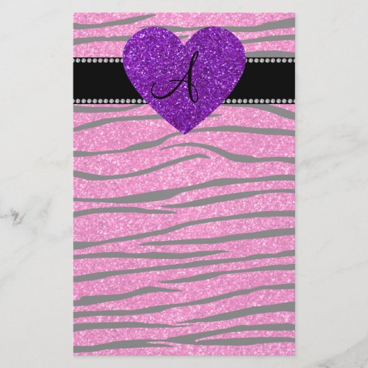 Monogram neon hete roze glitter zebra strepen roze briefpapier (Voorkant)