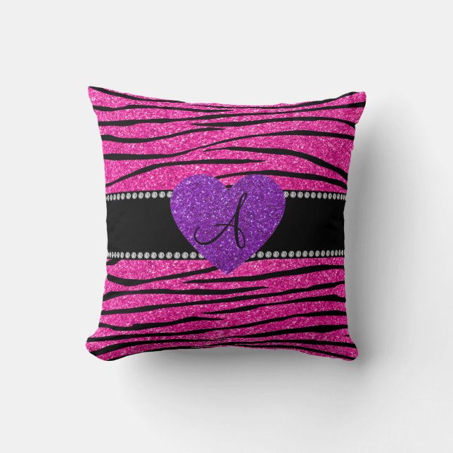 Monogram neon hete roze glitter zebra strepen roze kussen (Voorkant)