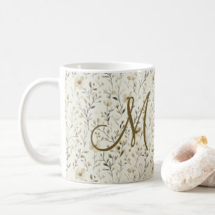 Monogram Neutraal Boho Bloemen Wilde Bloemen Bloes Koffiemok