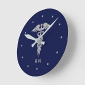 Monogram Nurse Silver Grey Caduceus op Navy Blue Ronde Klok (Hoek)