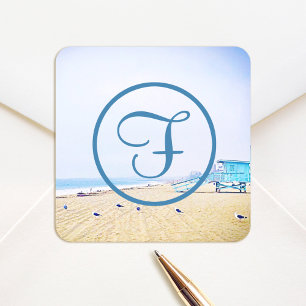 Monogram oceaan strand kust fotografie modern vierkante sticker