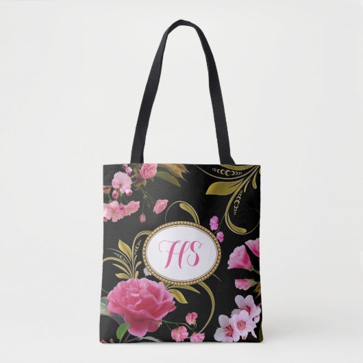 Monogram of Aangepaste Tekst Roze Bloemen Tote Bag (Voorkant)