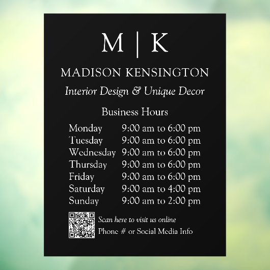 Monogram of Logo Zakelijke uren QR-code Zwart Raamsticker (Vel 3)