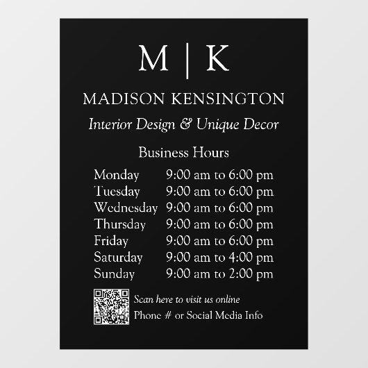 Monogram of Logo Zakelijke uren QR-code Zwart Raamsticker (Vel)