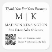 Monogram of voeg Logo Bedrijfs QR Code toe Dank u Vierkante Sticker (Voorkant)