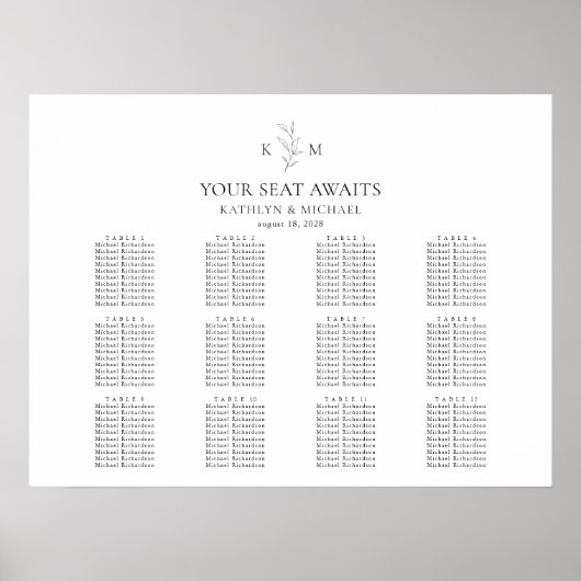 Monogram Olijfblad Bruiloft 12 Tafel Zitgrafiek Poster (Voorkant)