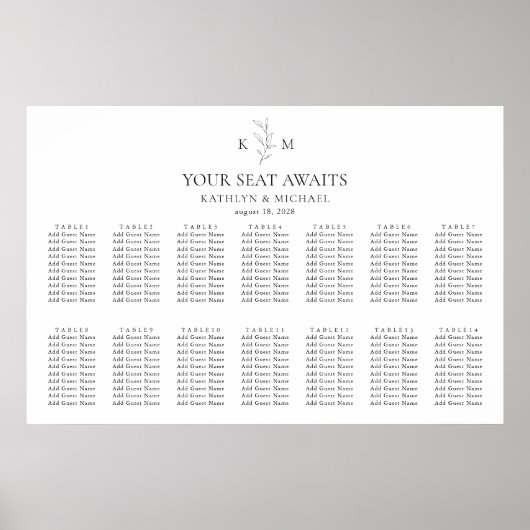 Monogram Olijfblad Bruiloft 17 Tafel Zitgrafiek Poster (Voorkant)
