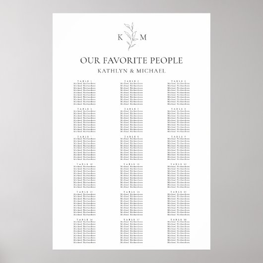 Monogram Olijfblad Bruiloft 18 Tafel Zitgrafiek Poster (Voorkant)