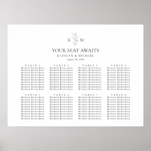 Monogram Olijfblad Bruiloft 8 Tafel Zitkaarten Poster (Voorkant)
