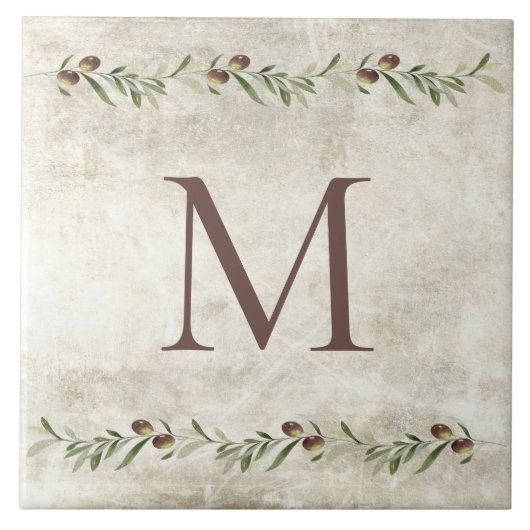 Monogram Olijfgaard Rustiek Gepersonaliseerd Bruin Tegeltje (Voorkant)