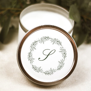 Monogram Olijfgroene Krans Classic Script Wedding Ronde Sticker