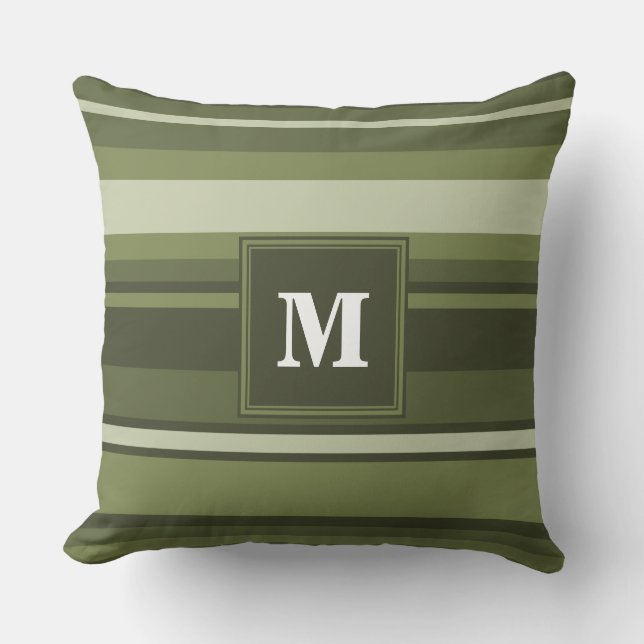 Monogram olijfgroene strepen kussen (Voorkant)