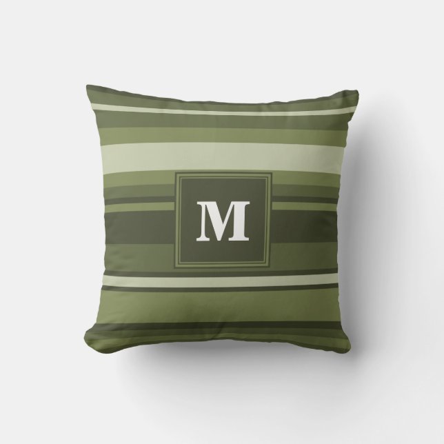 Monogram olijfgroene strepen kussen (Voorkant)