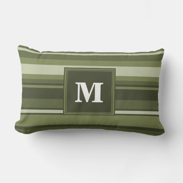 Monogram olijfgroene strepen kussen (Voorkant)