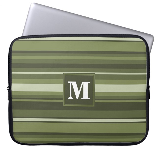 Monogram olijfgroene strepen laptop sleeve (Voorkant)