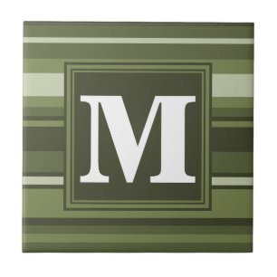 Monogram olijfgroene strepen tegeltje