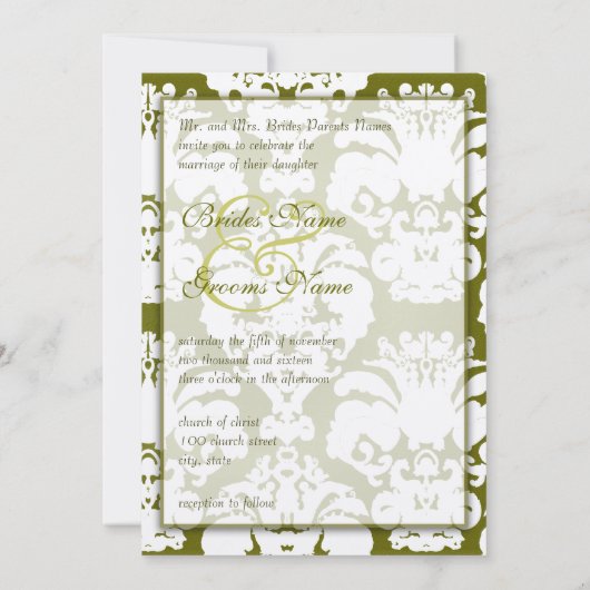 Monogram Olive Damask Wedding Invitation Kaart (Achterkant)
