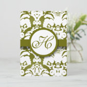 Monogram Olive Damask Wedding Invitation Kaart (Staand voorkant)
