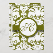 Monogram Olive Damask Wedding Invitation Kaart (Voorkant / Achterkant)