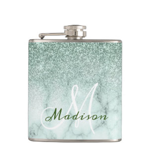 Monogram Ombre Mintgroene Marmer Glitters Heupfles
