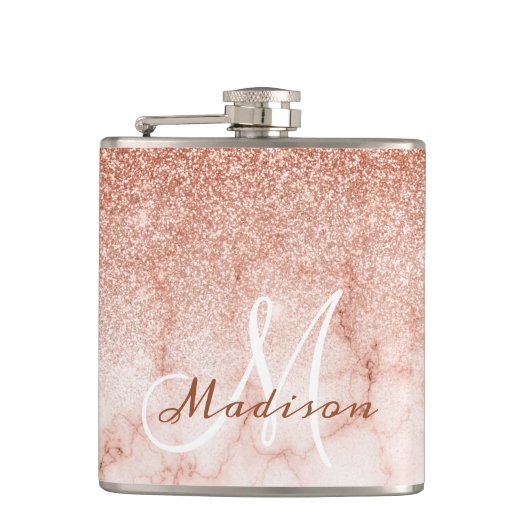 Monogram Ombre Roze Gouden Marmer Glitters Heupfles (Voorkant)