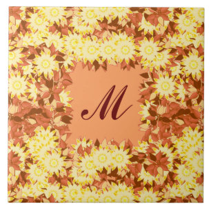 Monogram omlijst met bloemen - cacao & geel tegeltje
