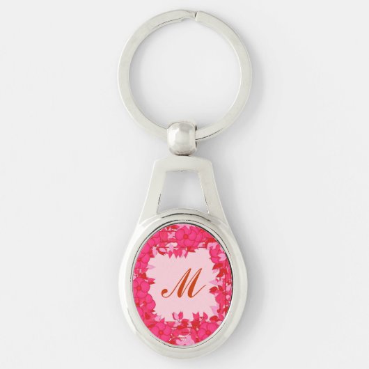 Monogram omlijst met bloemen - fuchsia en roze sleutelhanger (Voorkant)