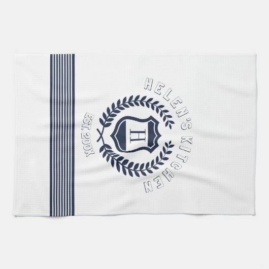 Monogram ontwerp van Navy Blue Wreath en Stripes Theedoek (Horizontaal)