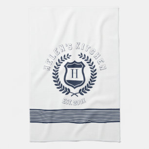Monogram ontwerp van Navy Blue Wreath en Stripes Theedoek