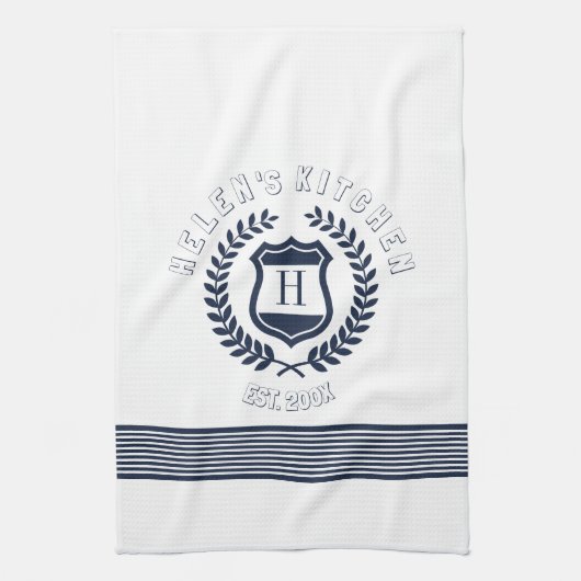 Monogram ontwerp van Navy Blue Wreath en Stripes Theedoek (Verticaal)