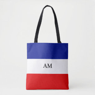 Monogram op blauwe rode en witte gestreepte tote b draagtas