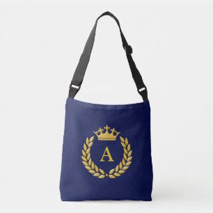 Monogram op Golden Crown & Laurel op Navy Blue Crossbody Tas