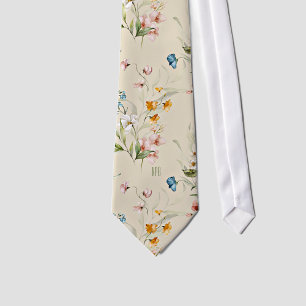 Monogram op Kleurrijke Bloemstilleven Kunst Beige Stropdas
