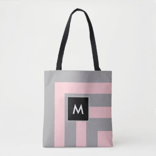 Monogram op lichtgrijs en roze gestreept draagtas