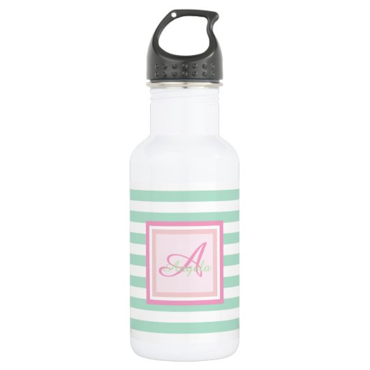 Monogram op Mint Green Stripes-Personalized Waterfles (Voorkant)