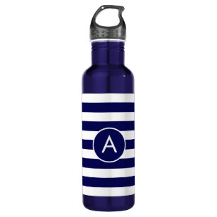 Monogram op Navy Blue & White Striped Waterfles
