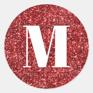 Monogram op nep robijnrood glitters ronde sticker