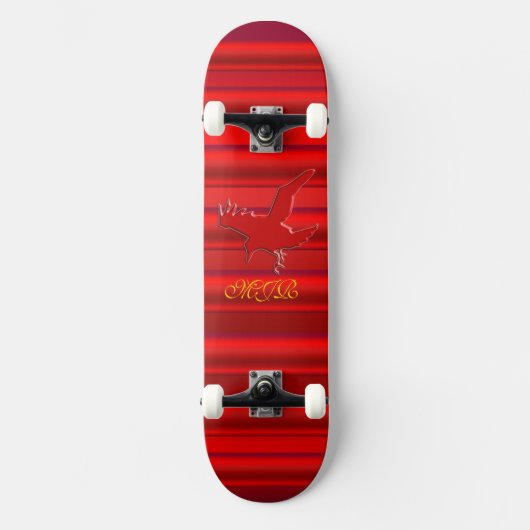 Monogram op Raven-logo met rood chroomeffect Skateboard (Voorkant)