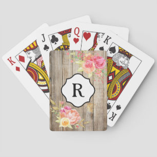 Monogram op roze bloemen en rustiek hout pokerkaarten