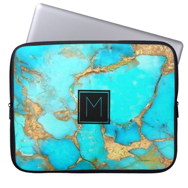 monogram op turquoise laptop sleeve (Voorkant)