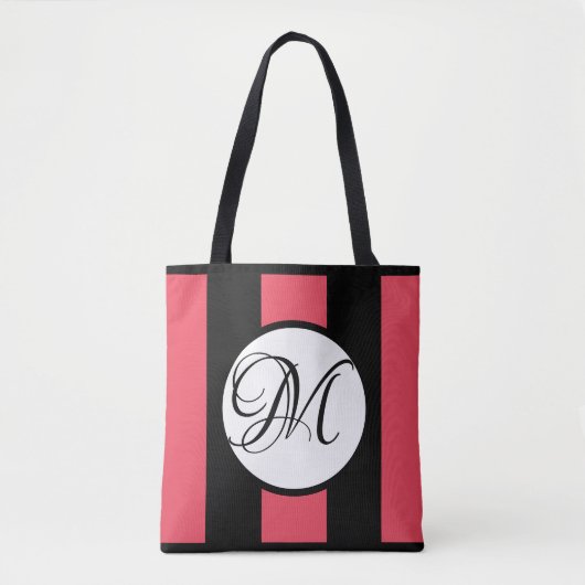 MONOGRAM op WHITE met WATERMELON & BLACK Stripes Draagtas (Voorkant)